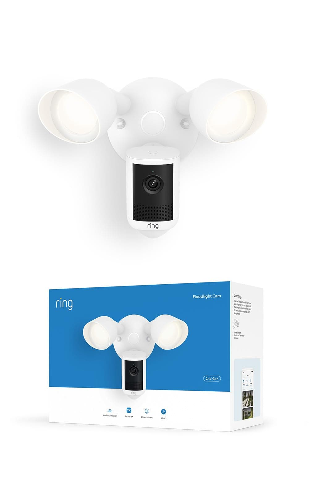 Ring Floodlight Cam 2K (newest model), Wired, Home or business security, Wide-Angle Retinal 2K Video, 6x Enhanced Zoom, Ultra-Bright Floodlights, White — product image 1