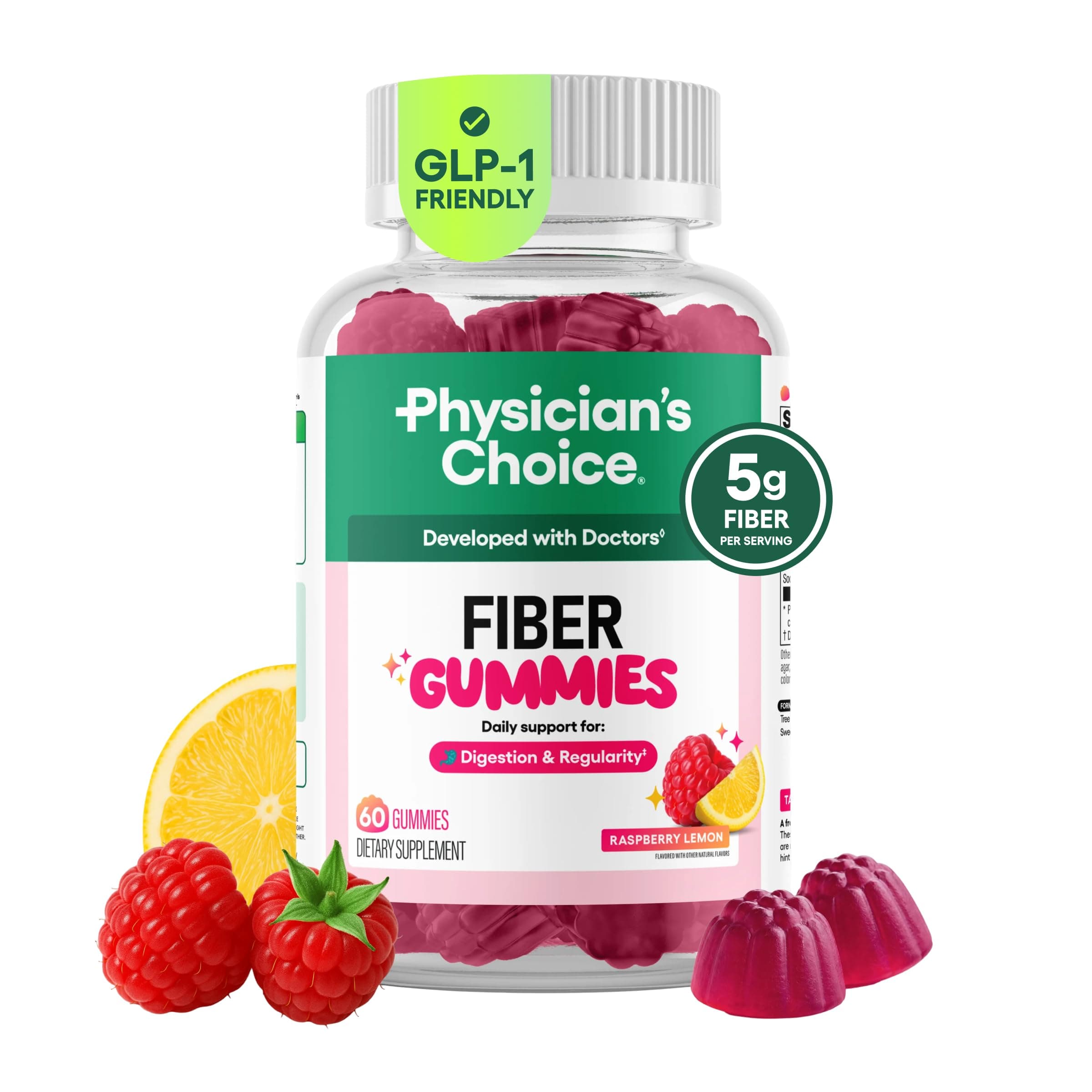 Physician's CHOICE Fiber Gummies for GLP-1 Support - No Sugar Added & Vegan - Raspberry Lemon - Natural Chicory Root Prebiotic Fiber Gummy - Digestive Health & Regularity for Women & Men - 60CT — product image 1