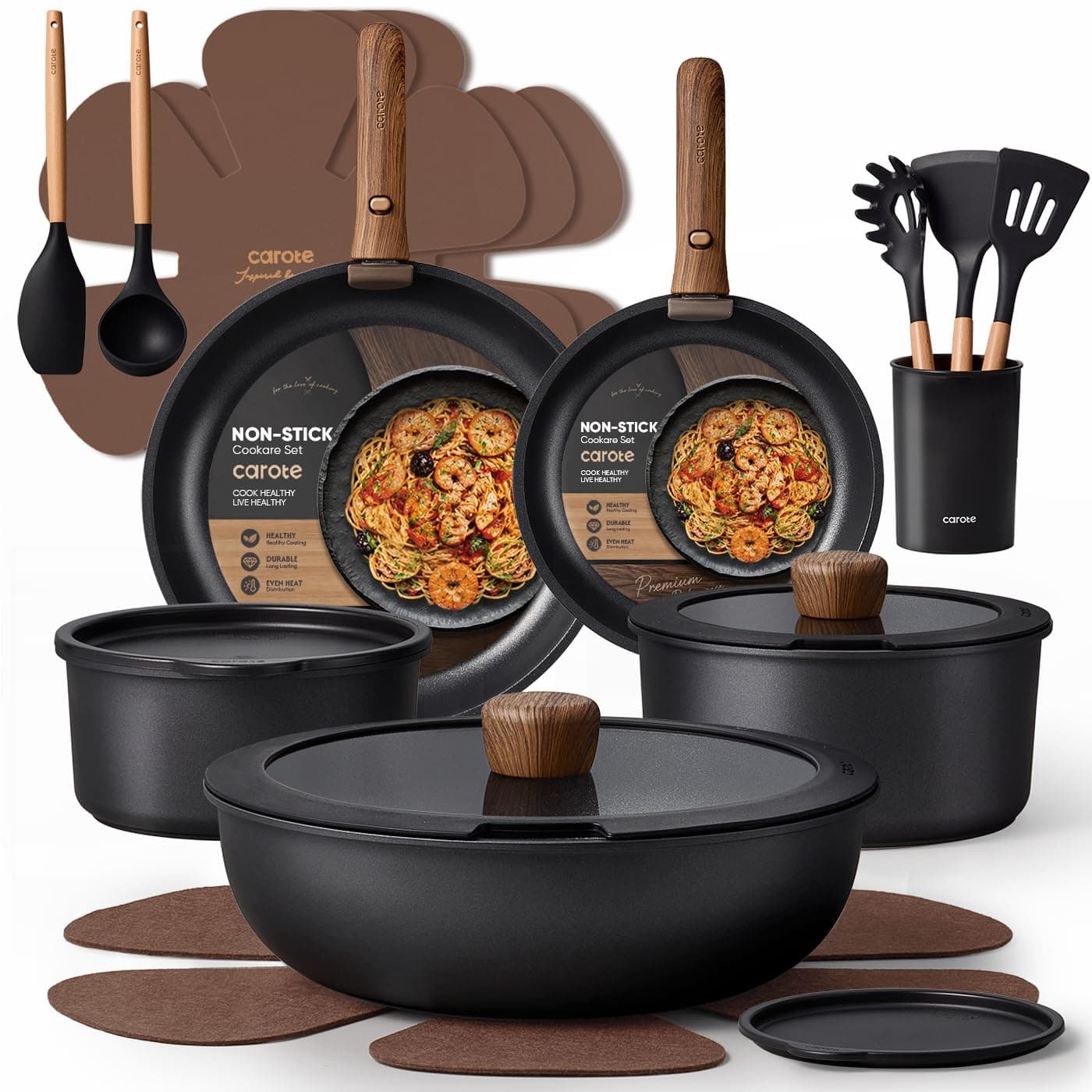 CAROTE 21pcs Pots and Pans Set Non Stick, Detachable Handle Cookware, Black — product image 1
