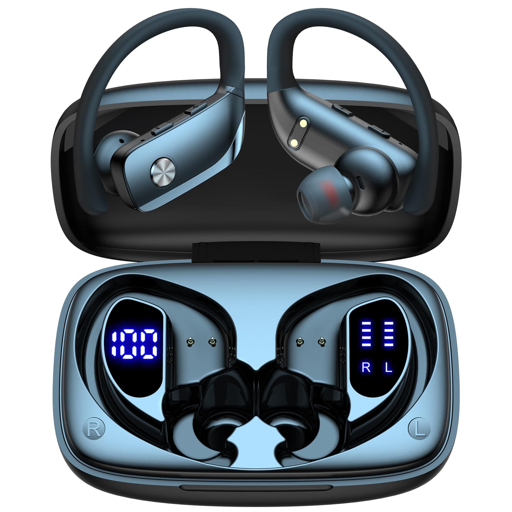 bmani Ear Buds Wireless Earbuds Bluetooth Headphones with 80H Playtime LED Display Case, Over-Ear Hook with Mic, Stereo Sound, Easy Button Controls, Sports Earphones for Running Workout Gym Black — product image 1