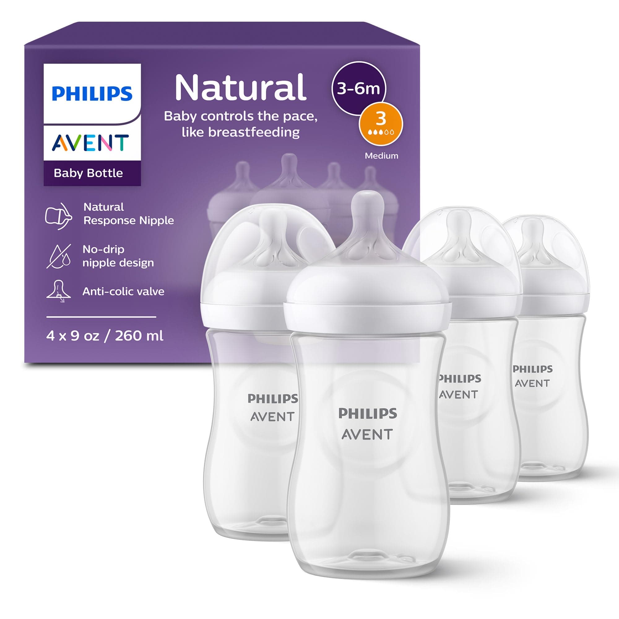 Philips Avent Natural Baby Bottles, Medium Flow, 9 oz, BPA-Free, 4-Pack — product image 1