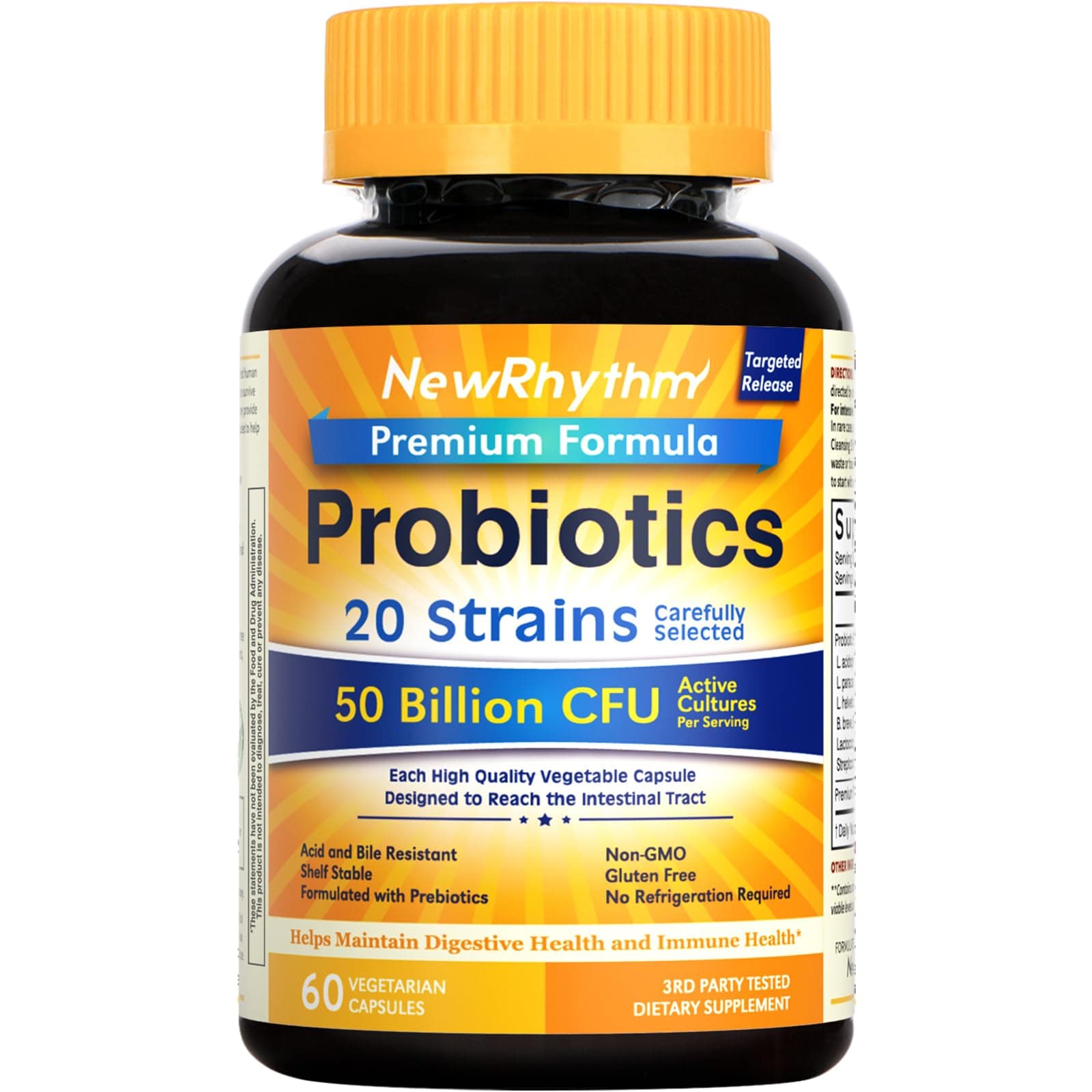 NewRhythm Probiotics 50 Billion CFU 20 Strains, 60 Veggie Capsules, Targeted Release Technology, Stomach Acid Resistant, No Need for Refrigeration, Non-GMO, Gluten Free — product image 1