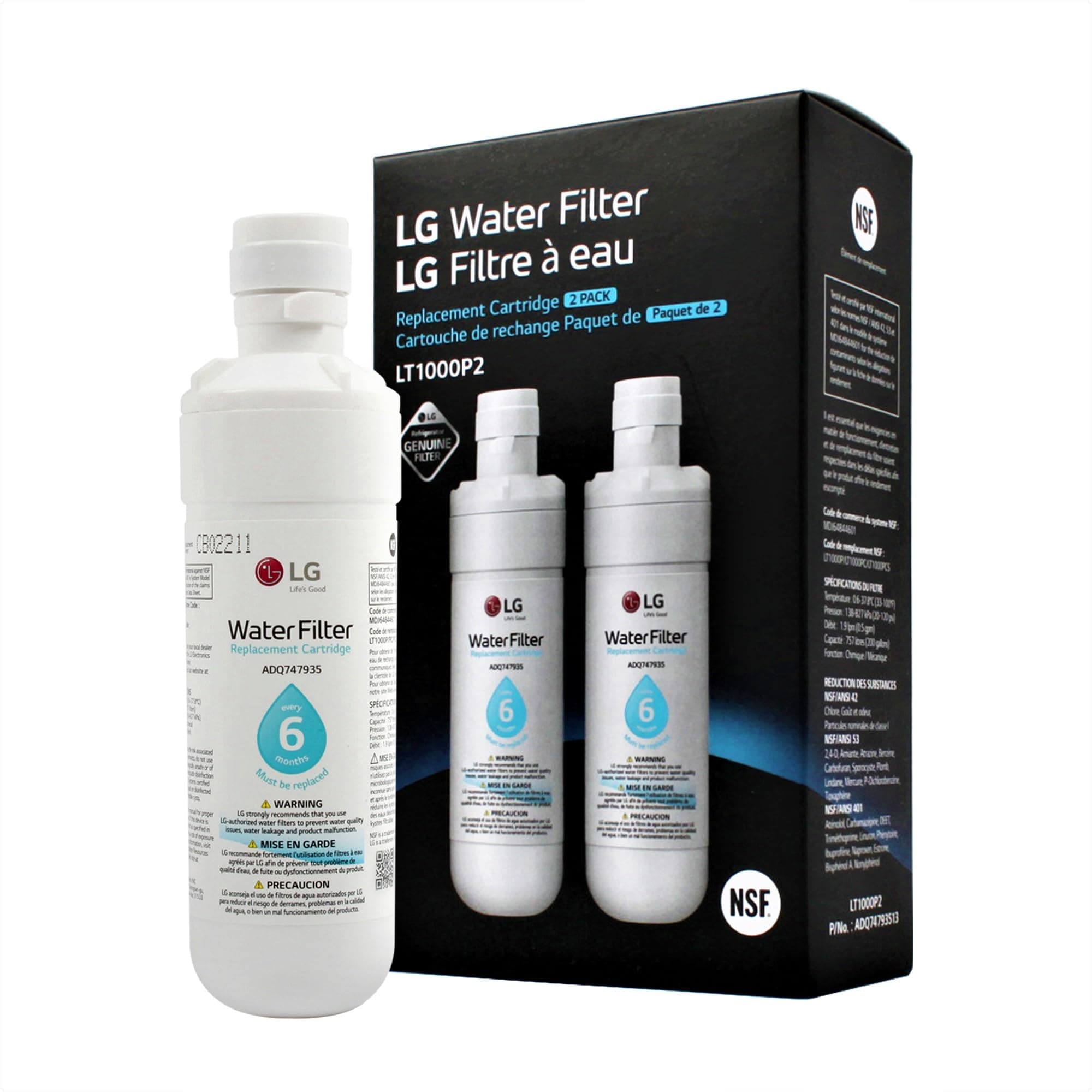 LG LT1000P2 6-Month / 200 Gallon Refrigerator Replacement Water Filter, Reduces Chlorine, 2 Count (Pack of 1), White. — product image 1