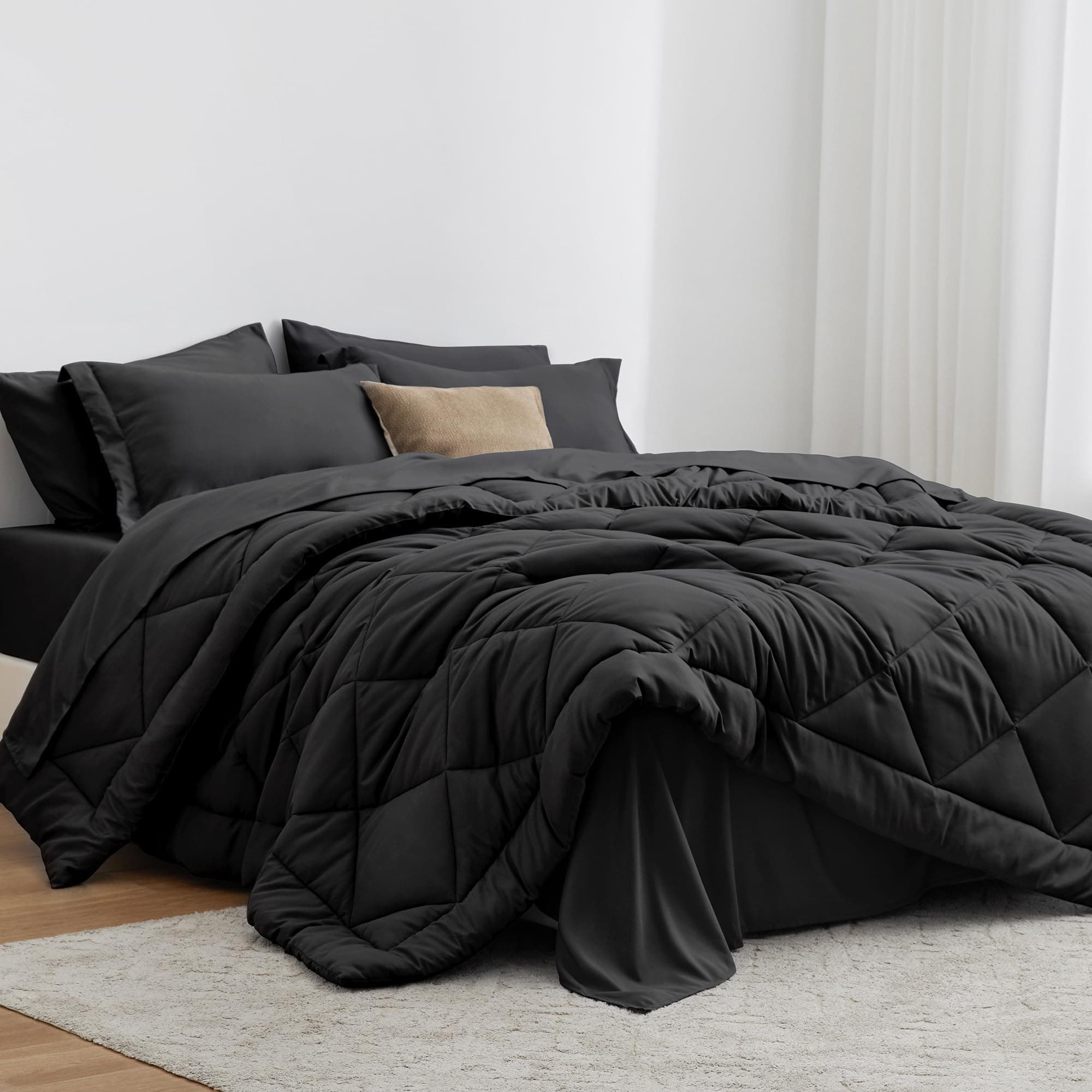 Love's cabin Queen Comforter Set Black, 7 Pieces Queen Bed in a Bag, All Season Bedding Sets with 1 Comforter, 1 Flat Sheet, 1 Fitted Sheet, 2 Pillowcase and 2 Pillow Sham — product image 1