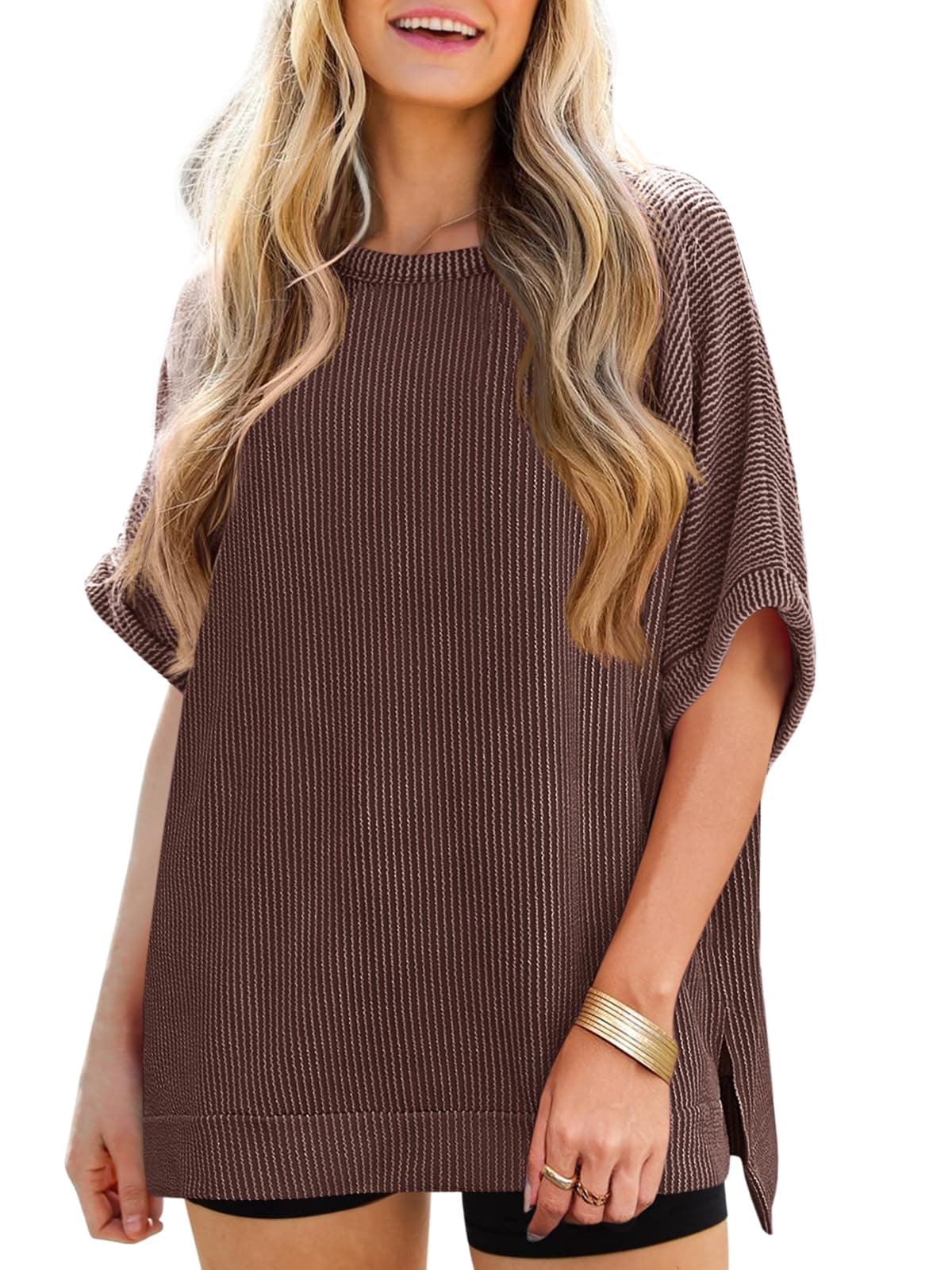 Tankaneo Womens Oversized T Shirts Summer Casual Ribbed Batwing Short Sleeve Tunic Tops Loose Fit Dolman Sleeve Tees — product image 1
