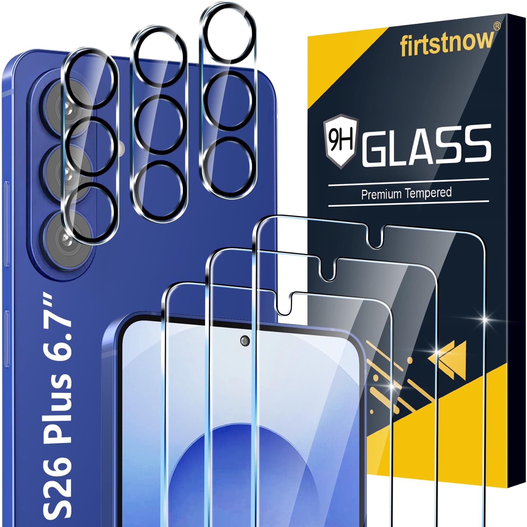 firtstnow 3 Pack for Samsung Galaxy S26 Plus Screen Protector Tempered Glass + 3 Pack Camera Lens Protector, Military Grade Shatterproof, 9H Hardness, Fingerprint Unlock, Case Friendly 6.7 Inch — product image 1