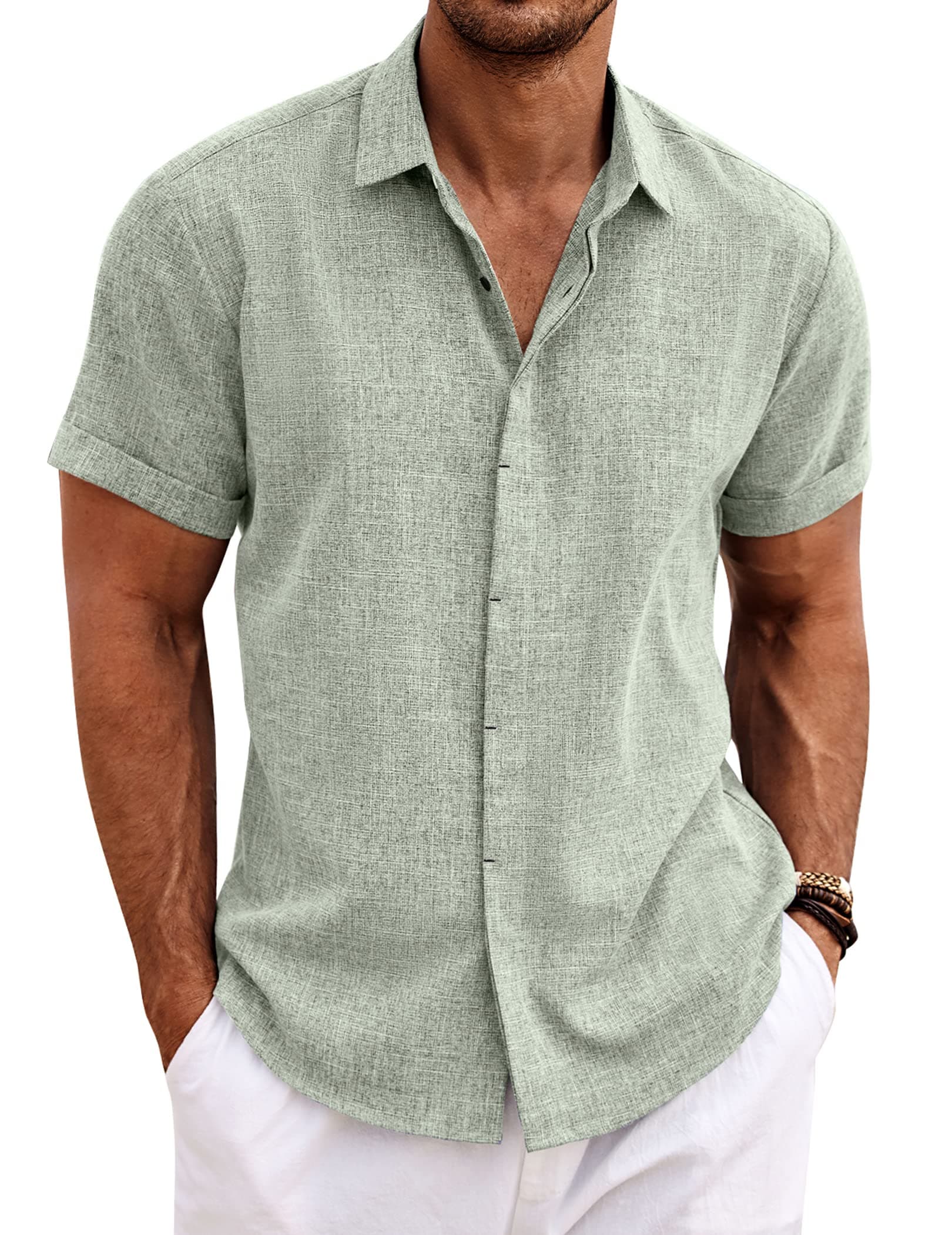 COOFANDY Men's Linen Shirts Short Sleeve Casual Shirts Button Down Shirt for Men Beach Summer Wedding Shirt — product image 1
