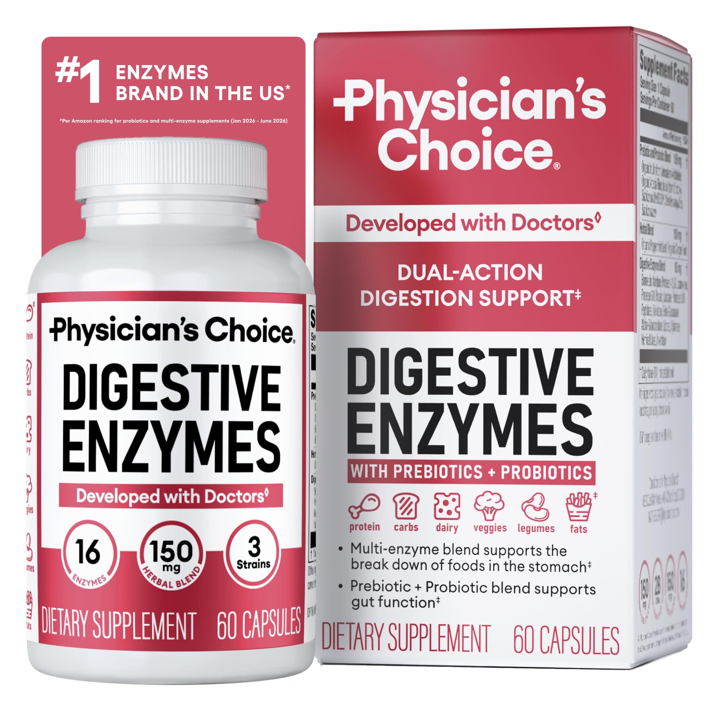 Physician's CHOICE Digestive Enzymes for Bloating & Digestion - Fast-Acting 16 Enzyme Formula with Organic Prebiotics & Probiotics for Gut & Digestive Health - Meal Time Discomfort Relief - 60 CT — product image 1
