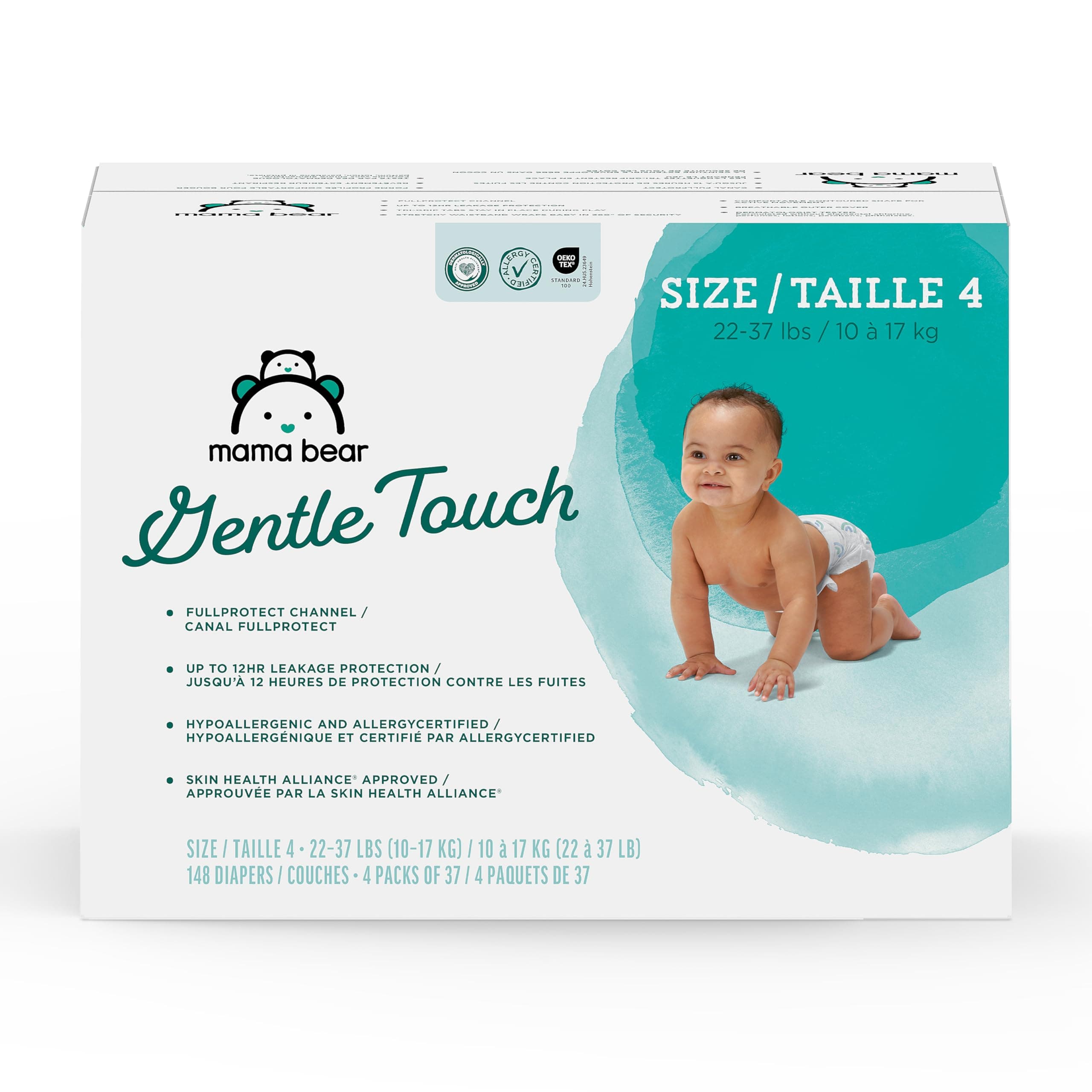 Amazon Brand - Mama Bear Gentle Touch Baby Diapers, Formulated without Fragrance, Size 4, 148 Count (4 packs of 37), with Skin Protection and Leak Protection — product image 1