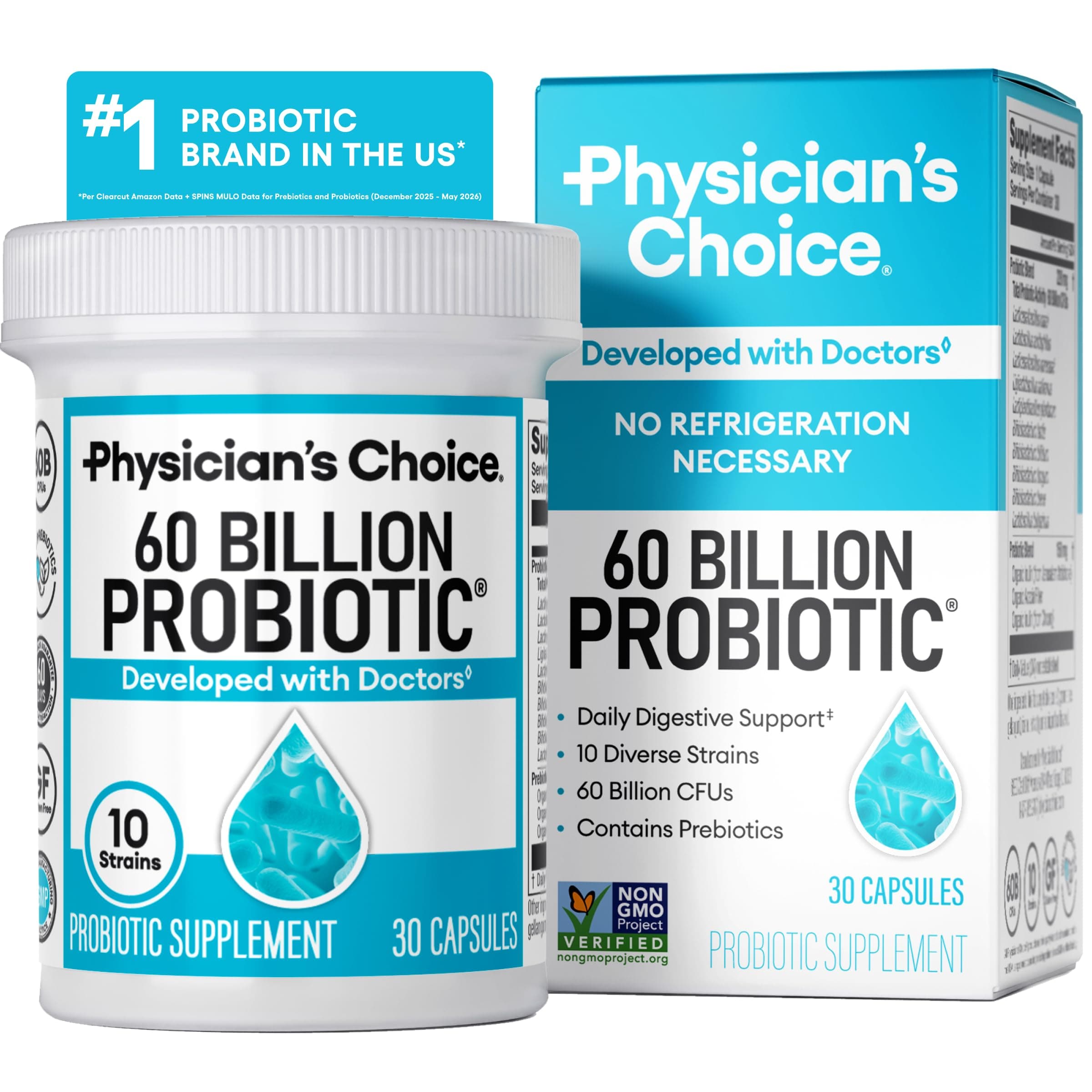 Physician's CHOICE Probiotics 60 Billion CFU - 10 Strains + Organic Prebiotics - Immune, Digestive & Gut Health - Supports Occasional Constipation, Diarrhea, Gas & Bloating - for Women & Men - 30ct — product image 1