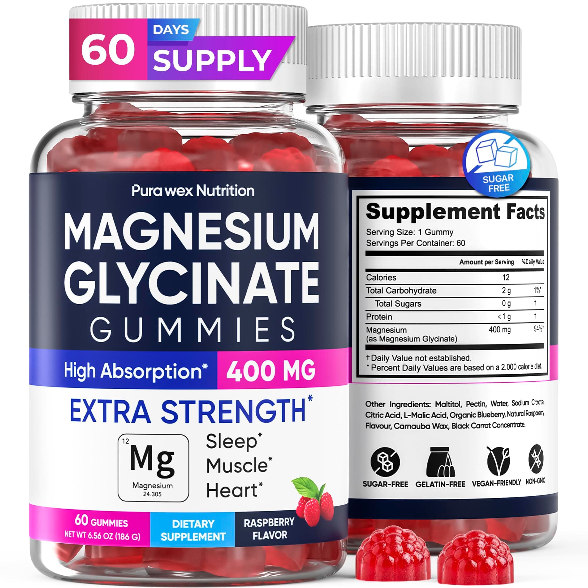 Magnesium Glycinate Gummies 400mg, High Absorption Magnesium Supplement for Women, Men and Kids, Muscle Support and Relaxation, Sugar Free, Vegan, 60 Days Supply — product image 1