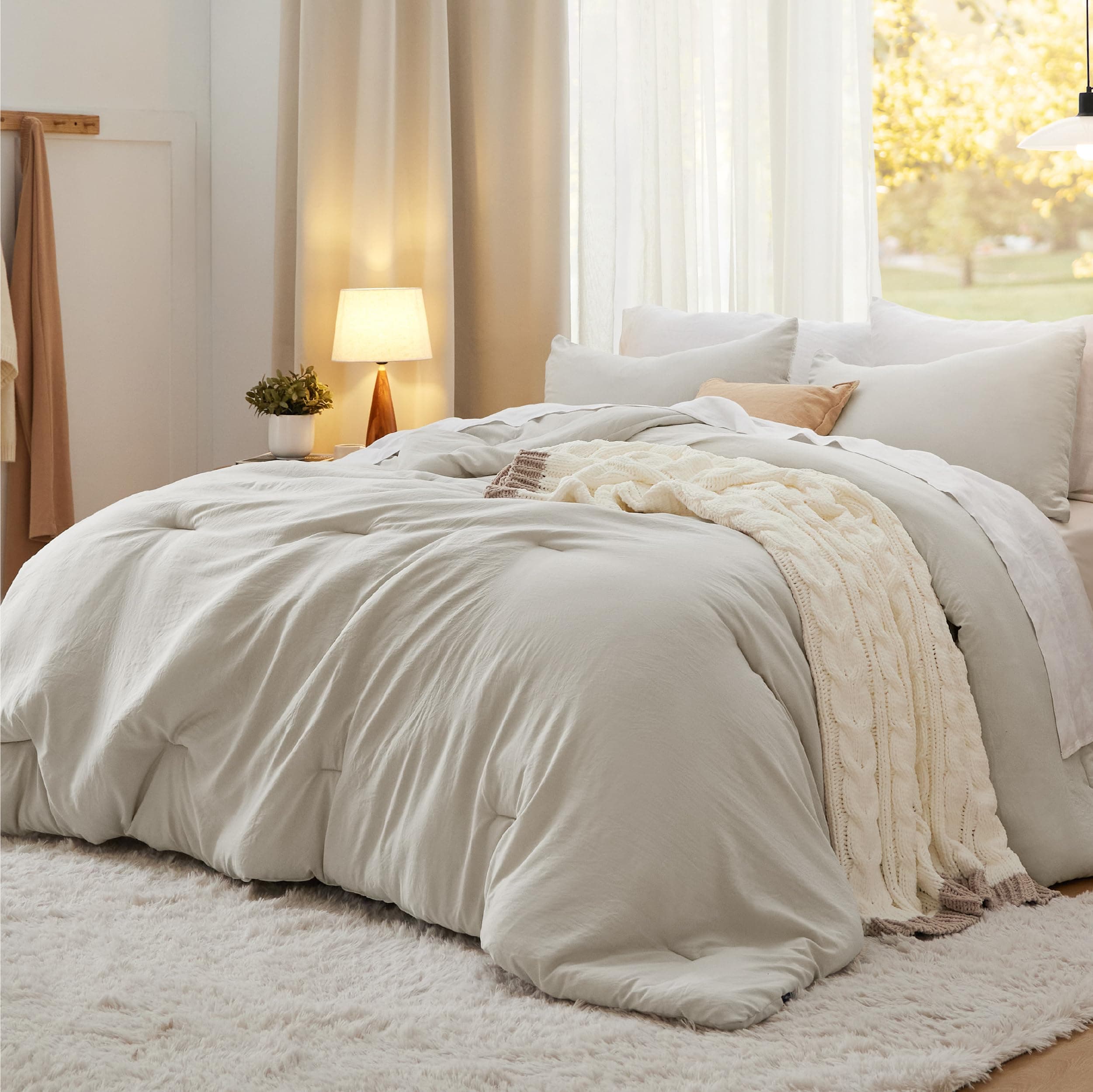Bedsure Oversized Queen Comforter Prewashed Bedding Set 3Pcs Beige 98"x98" — product image 1