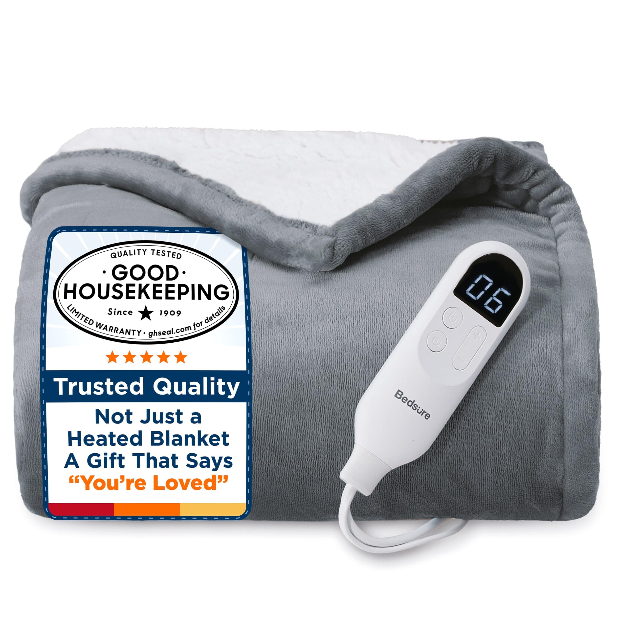Bedsure Heated Blanket Throw Blanket with Preheat Function - Fast Heating Electric Blanket, Soft Flannel Throw with 6 Time Settings(Up to 10H), 6 Heating Settings, Gifts for Grandma (50"x60", Grey) — product image 1
