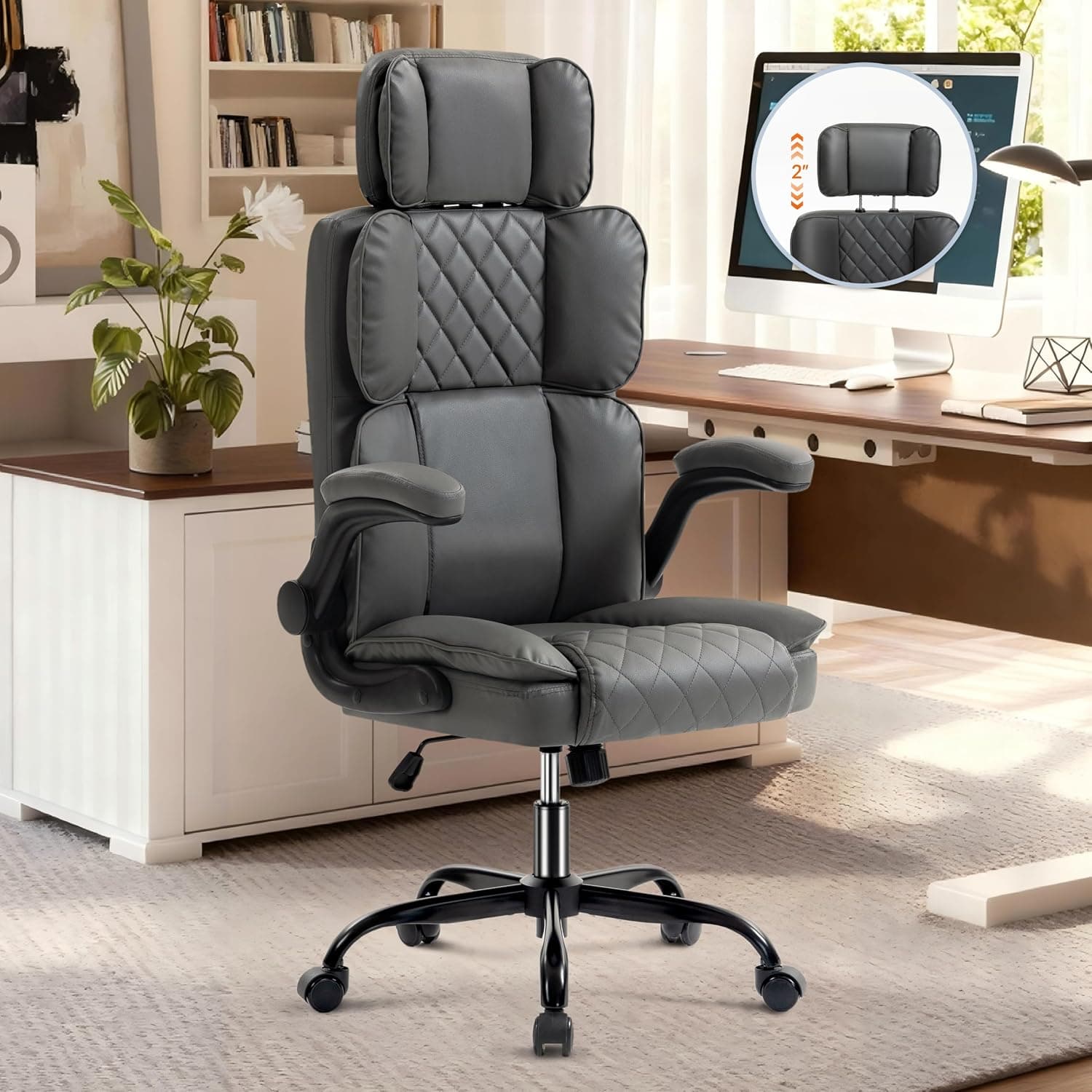 Amazon Office Chair with Adjustable Headrest, Executive Leather Desk Chair, Gray — product image 1