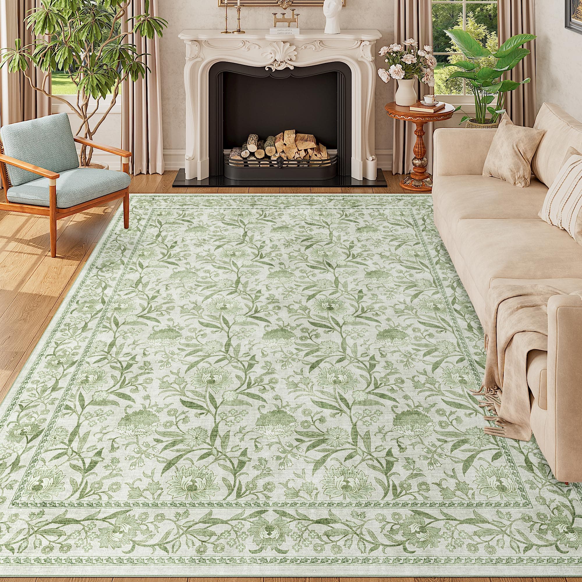 DUKINO 8x10 Area Rug Vintage Floral Washable Rug for Living Room Sage Green — product image 1