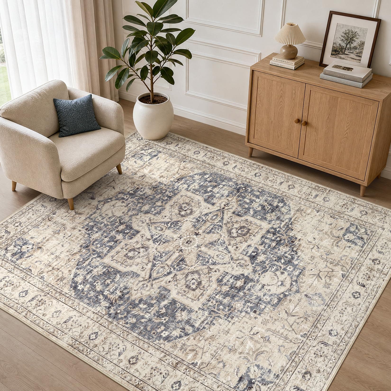 Tortania Area Rug 5x7 Living Room Rug Washable Soft Cream/Blue — product image 1