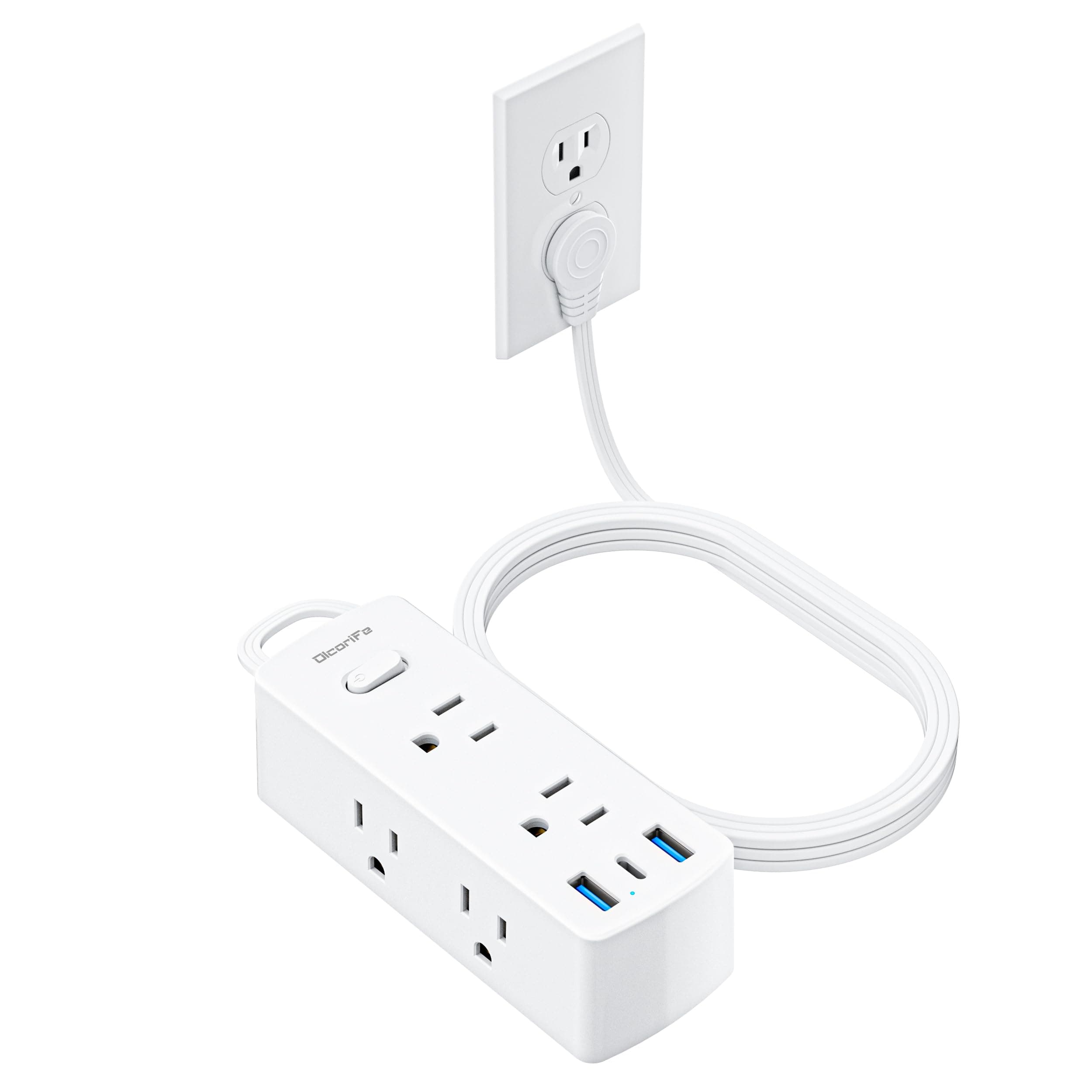 Olcorife Flat Plug Power Strip with 5 FT Extension Cord, 6 Outlets 3 USB Ports(1 USB C), 3 Sided Outlet Extender for Home Office Travel Dorm Room Essentials, White — product image 1
