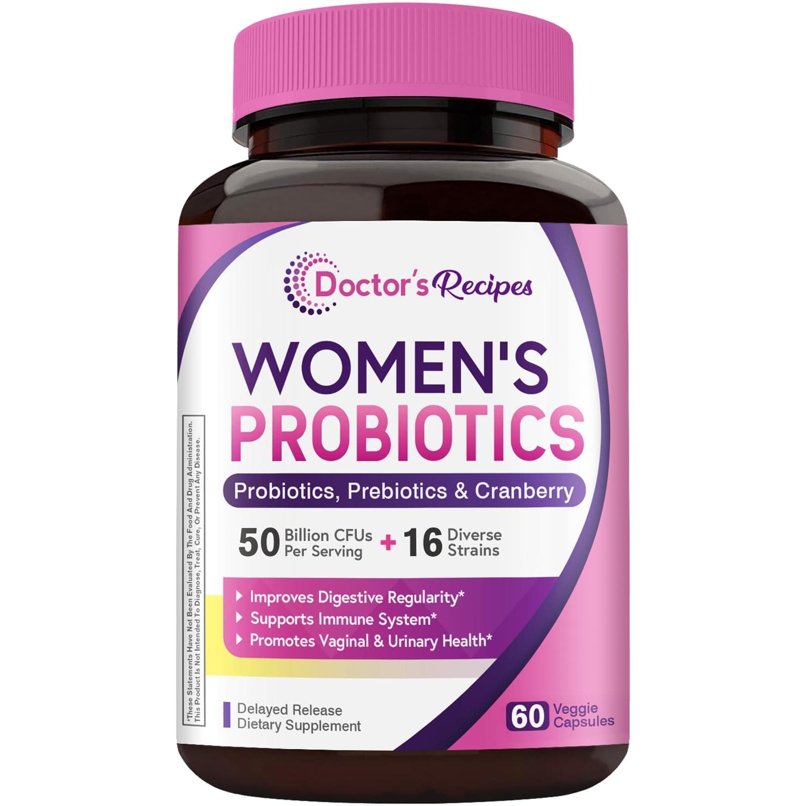 Doctor's Recipes Women's Probiotic, 60 Caps 50 Billion CFU 16 Strains, with Organic Cranberry, Digestive Immune Vaginal & Urinary Health, Shelf Stable, Delayed Release, No Soy Gluten Dairy — product image 1