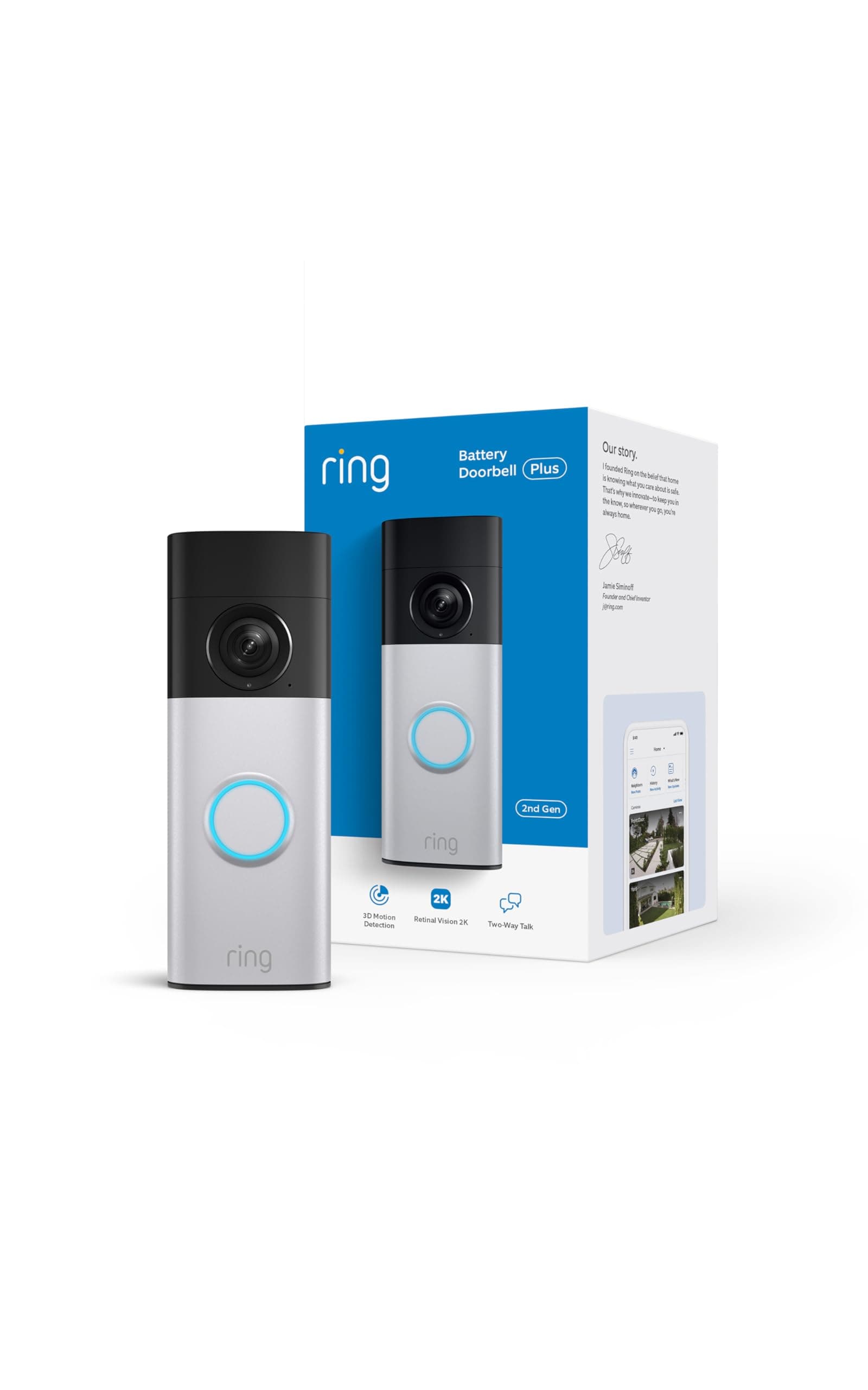 Ring Battery Doorbell 2K Plus (newest model), Retinal 2K with wide-angle video, up to 6x Enhanced Zoom, Night Vision, and Quick Release Battery Pack, Nickel Silver — product image 1