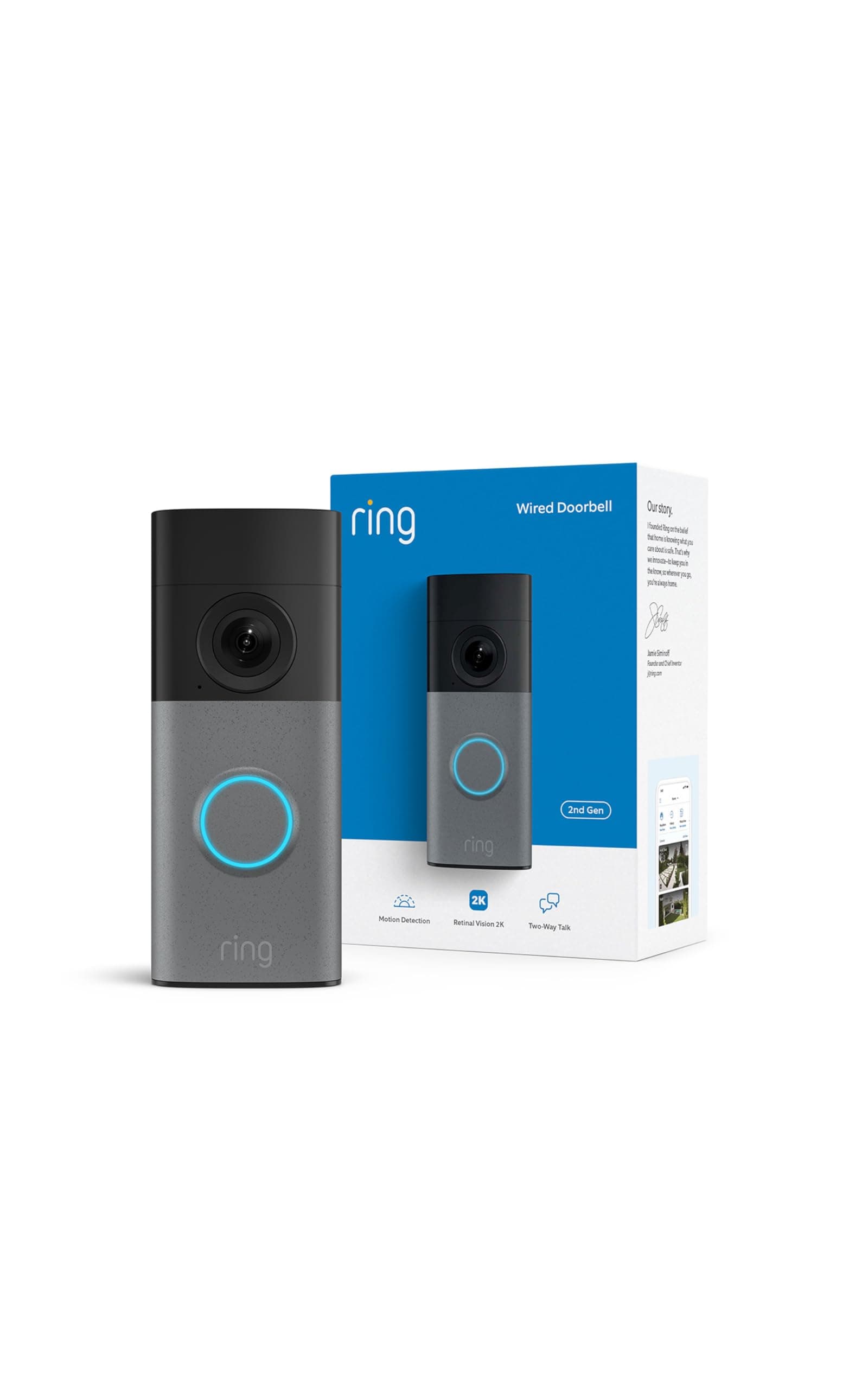 Ring Wired Doorbell 2K (newest model), Retinal 2K with wide-angle video, up to 6x Enhanced Zoom, and Two-Way Talk, Speckled Gray — product image 1