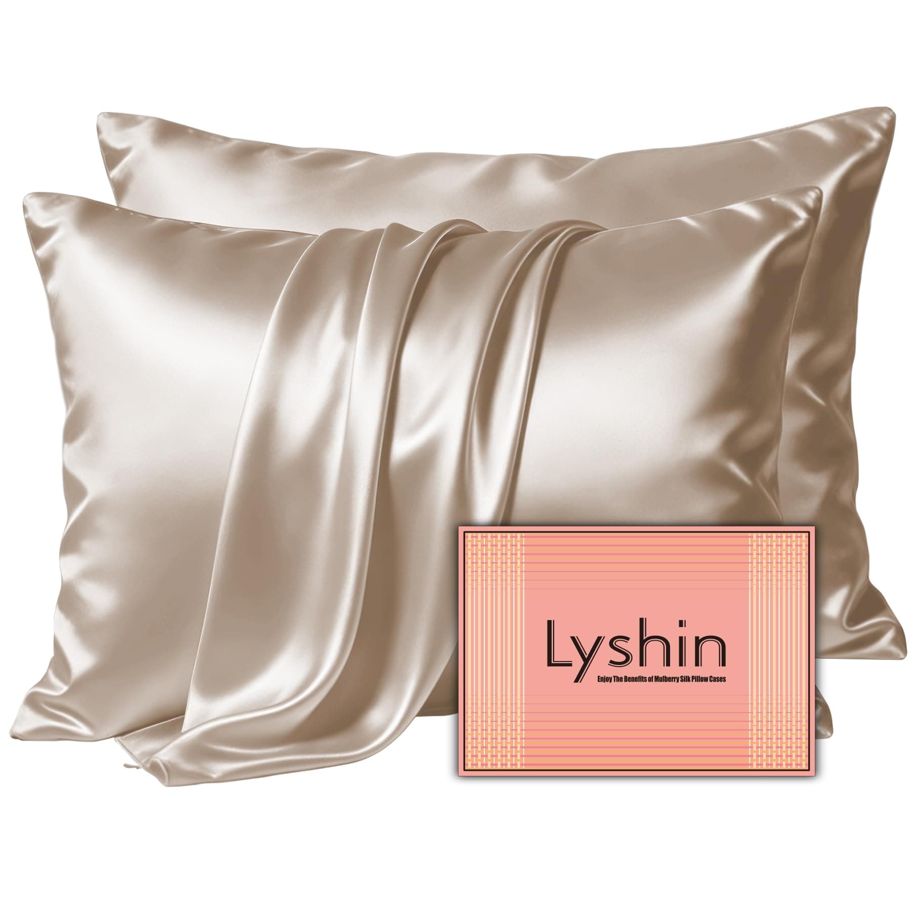 LYSHIN Silk Pillow Cases 2 Pack Standard Size with Zipper, Champagne — product image 1