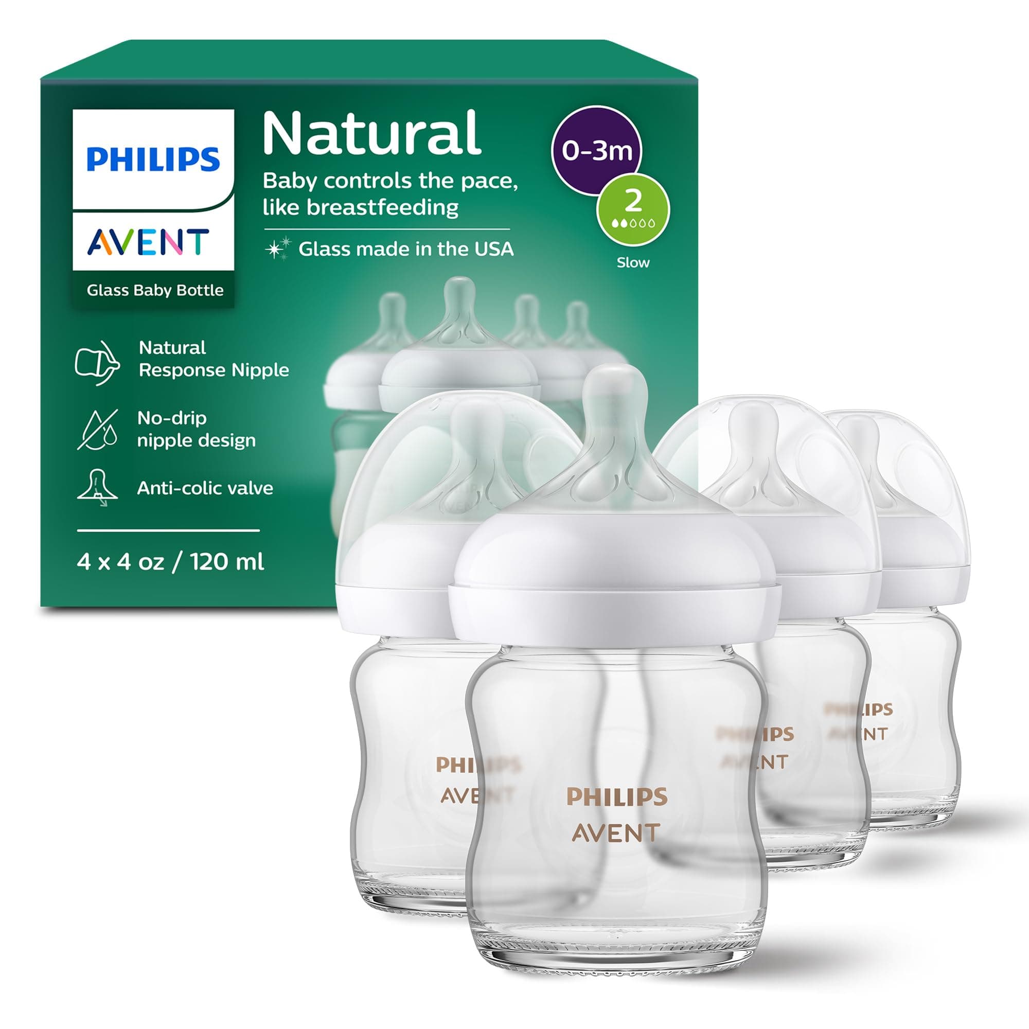 Philips Avent Natural Glass Baby Bottles, Slow Flow, 4 oz, BPA-Free, 4-Pack — product image 1