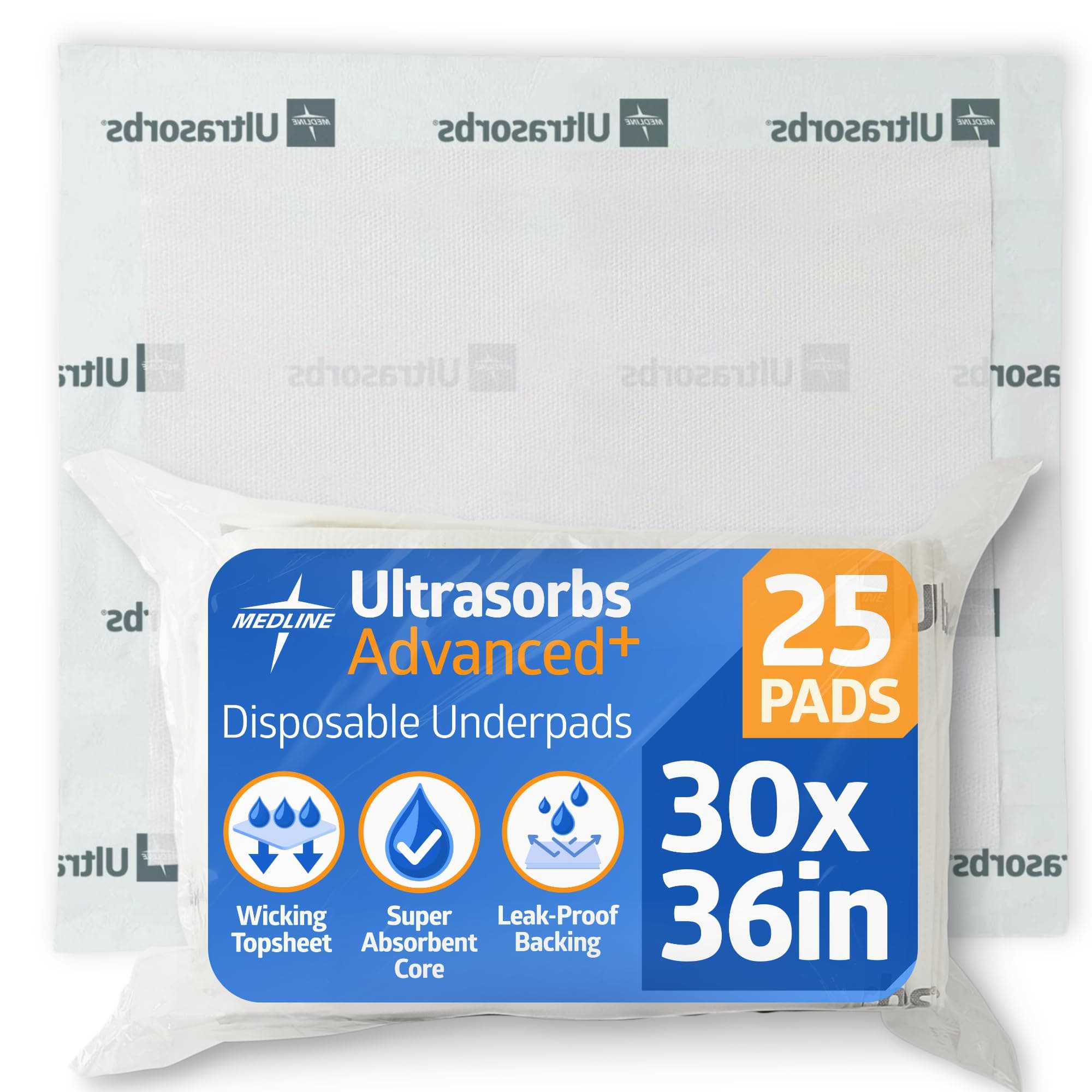 Medline Ultrasorbs Drypads, 30" x 36", 25 Count, Super Absorbent Disposable Bed Pads, Large Incontinence Bed Pads, Chucks Protective Underpads, 10 Times More Absorbent, For Adults, Elderly — product image 1