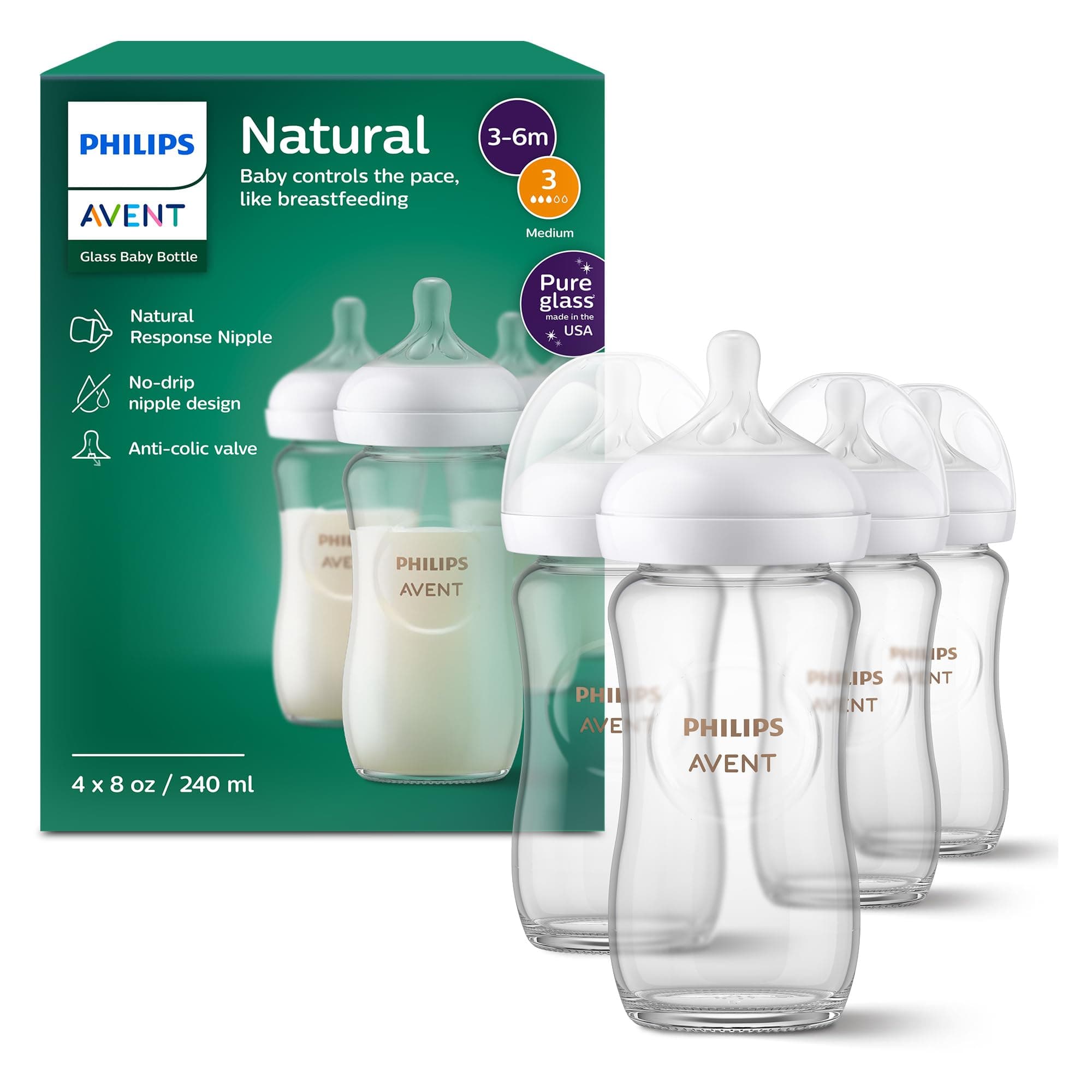 Philips Avent Natural Glass Baby Bottles, Medium Flow, 8 oz, BPA-Free — product image 1