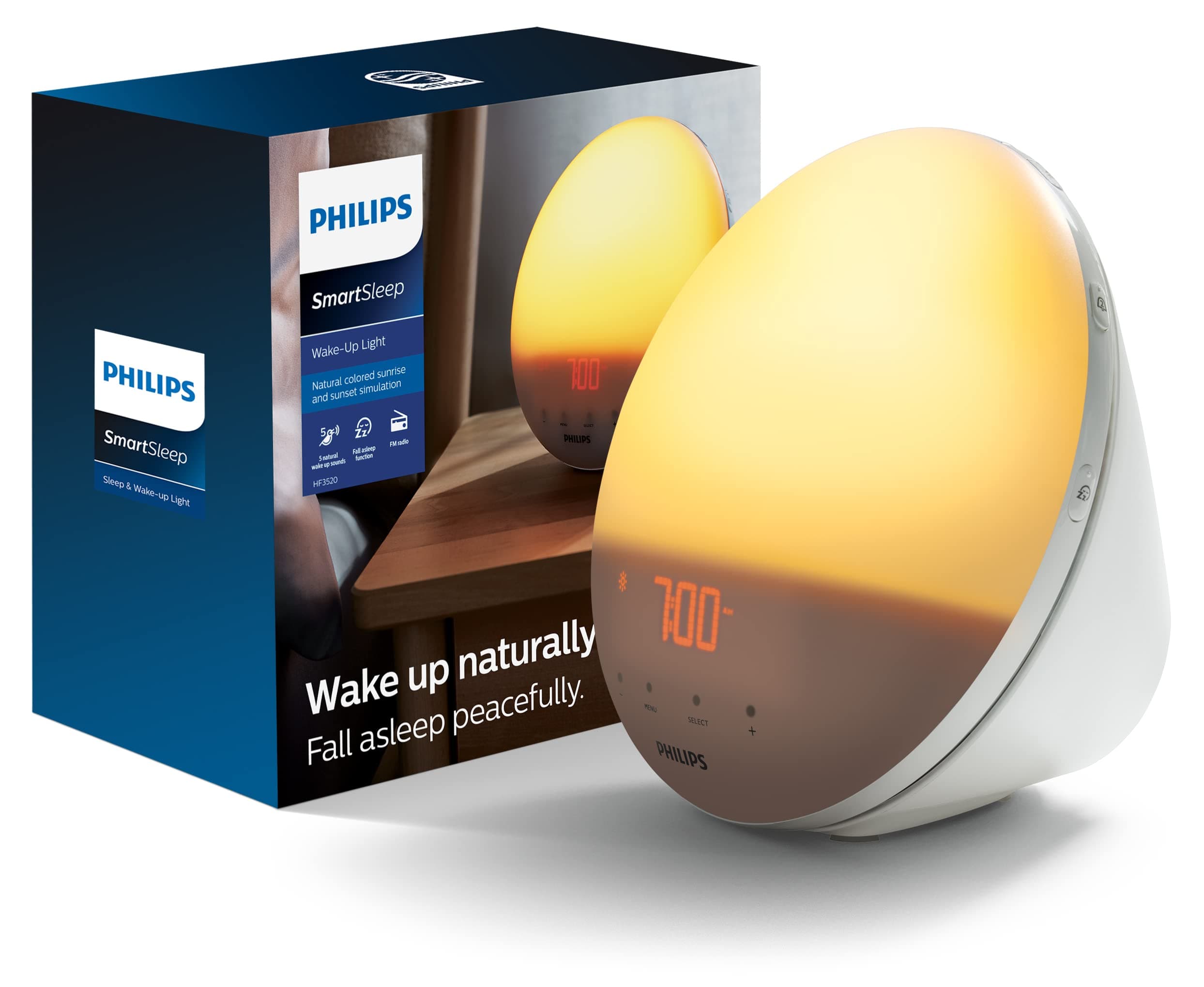 Philips SmartSleep Wake-up Light, Colored Sunrise and Sunset Simulation, 5 Natural Sounds, FM Radio & Reading Lamp, Tap Snooze, HF3520/60 — product image 1