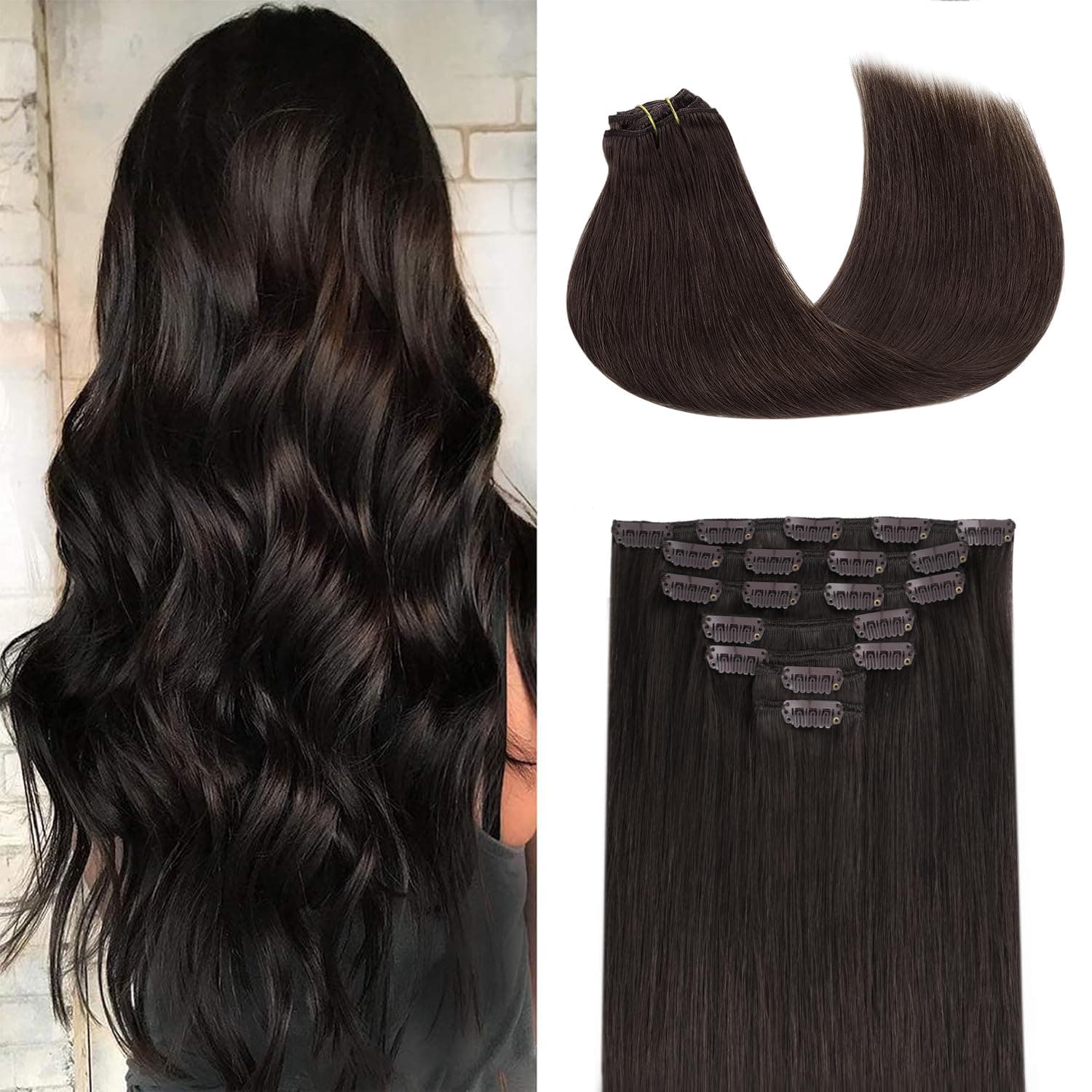 GOO GOO Clip in Hair Extensions Real Human Hair Dark Brown Remy Extensions — product image 1
