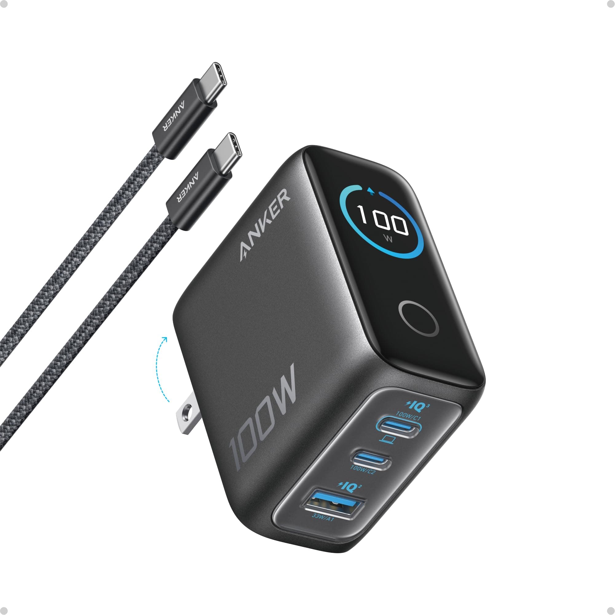 Anker 100W Max USB C Charger, 3-Port GaN Phone Charger with Smart Display — product image 1