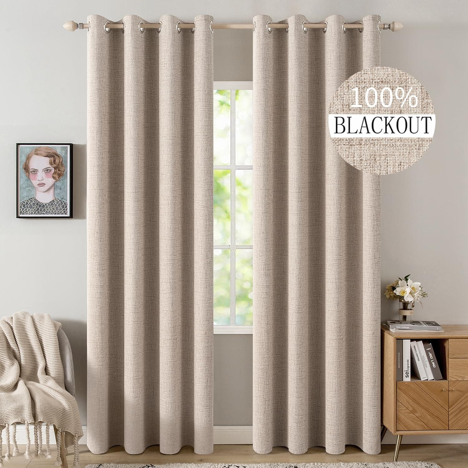 MIULEE 100% Blackout Linen Curtains for Bedroom 52x84 Inches Natural Beige — product image 1