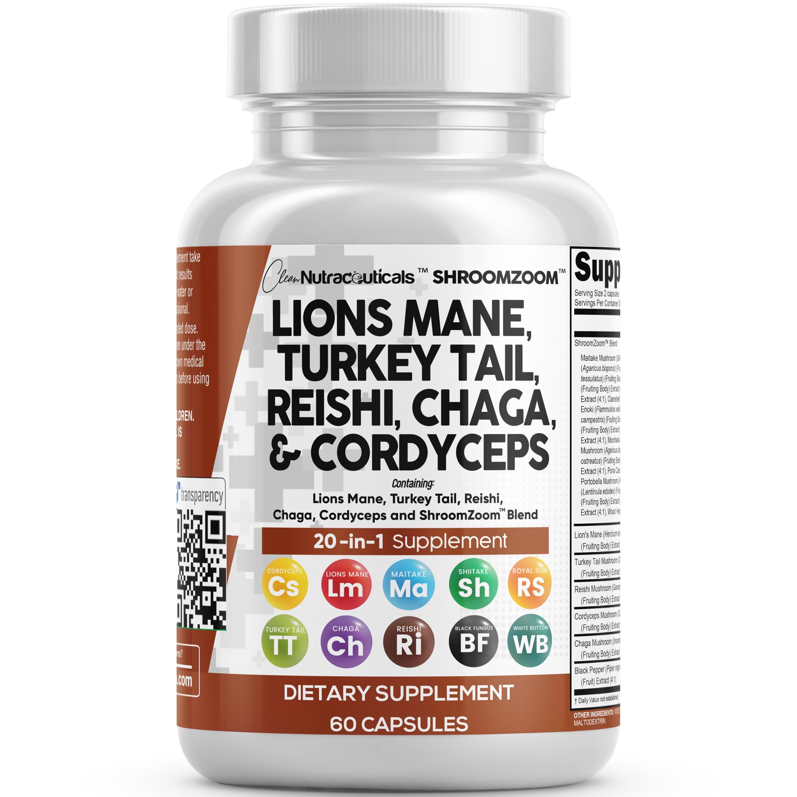 Clean Nutraceuticals Lions Mane 20in1 Mushroom Supplement with Turkey Tail Reishi Cordyceps Chaga Maitake Meshima Poria Cocos Shiitake Oyster Porcini Enoki - 1 Pack — product image 1