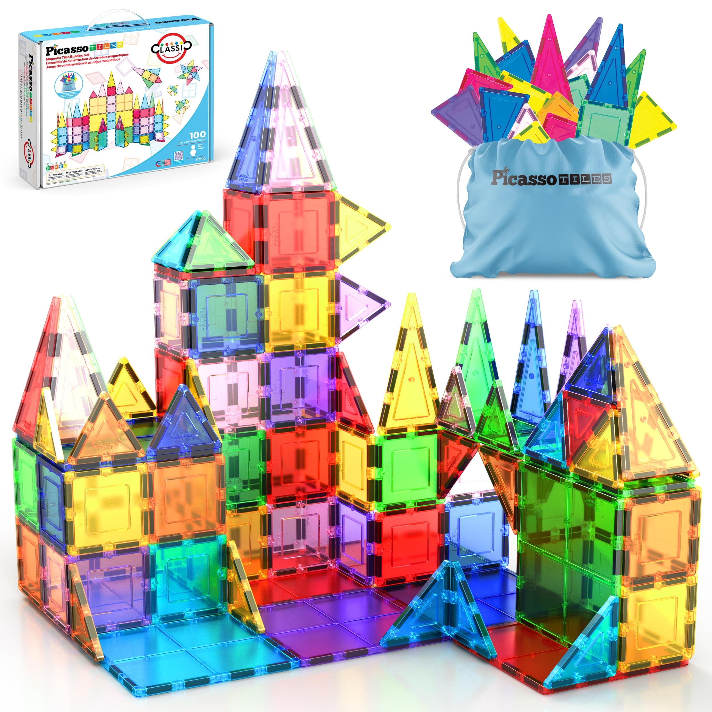 PicassoTiles 100 Piece Magnetic Tiles, Clear 3D Building Blocks for Kids 3+ — product image 1