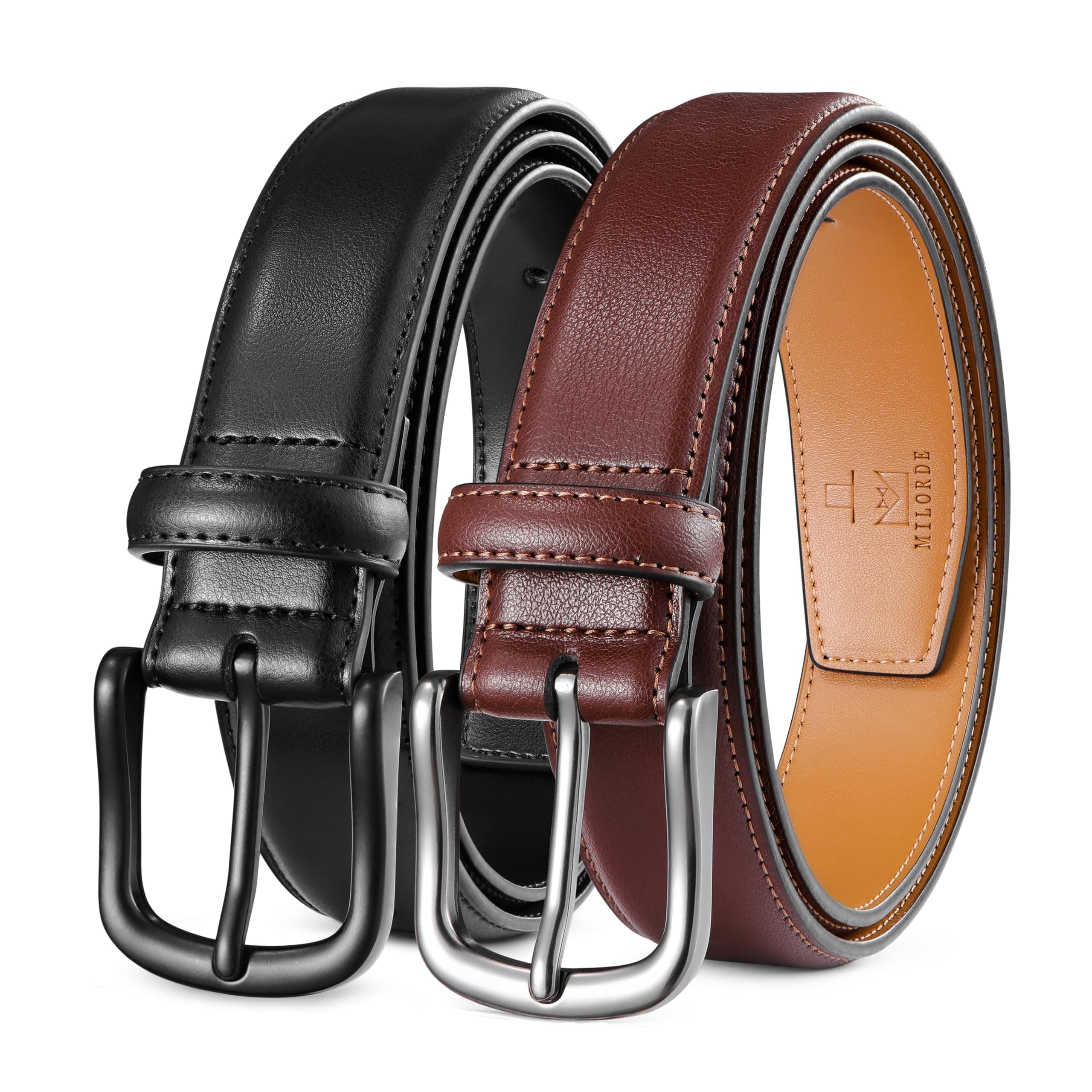 MILORDE Men's Leather Dress Belt 2Pack, Handmade, Genuine Leather, Fashion & Classic Designs for Work Business and Casual — product image 1